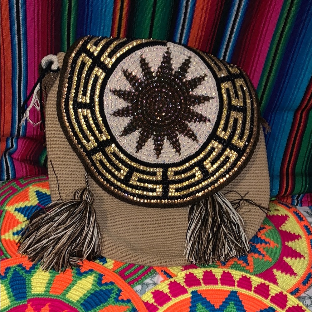 Bohemian Tan and Gold Embellished Bag
